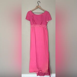 Vintage 70s Pink Prom Dress empire waist flower maxi long train cape bow
